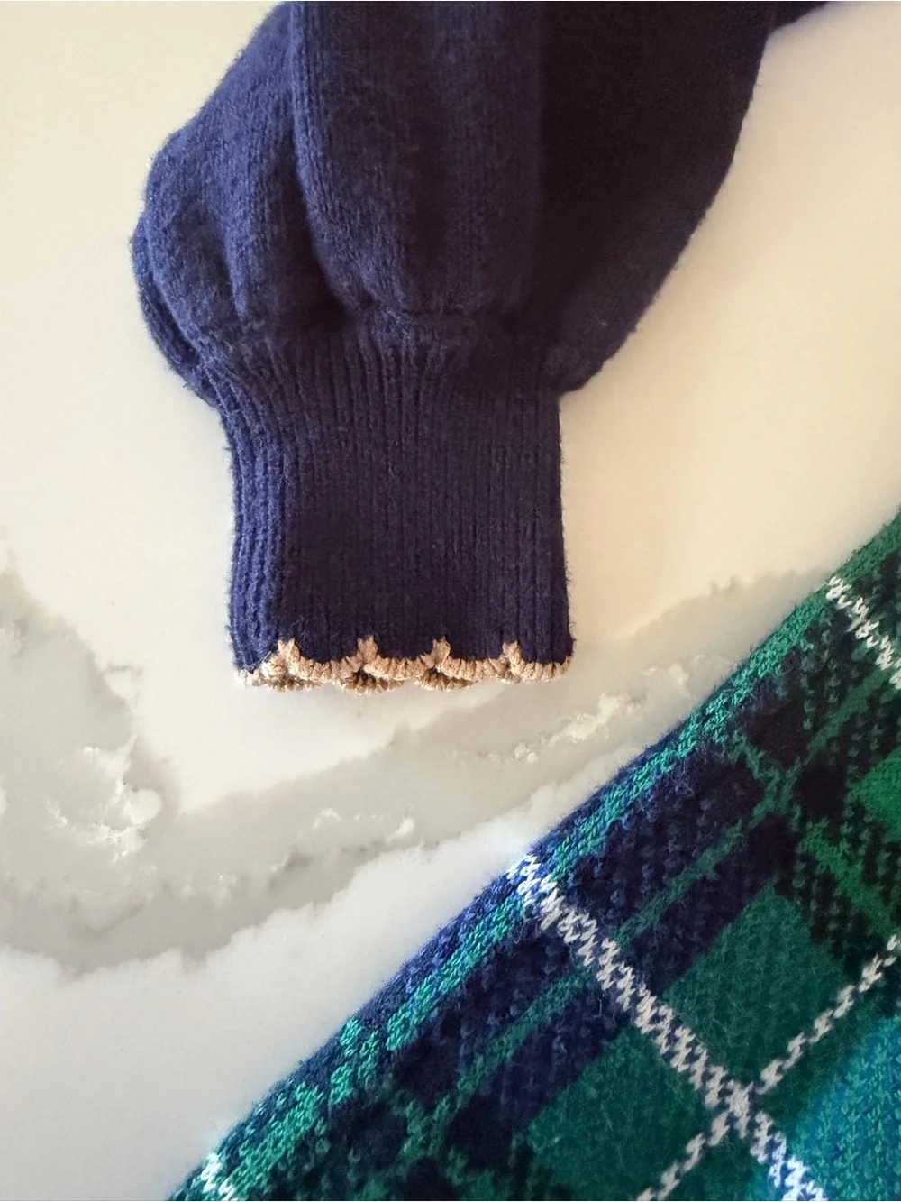 Janie and Jack Navy Mock-Neck Puff Sleeve Sweater with Green & Blue Plaid Skirt